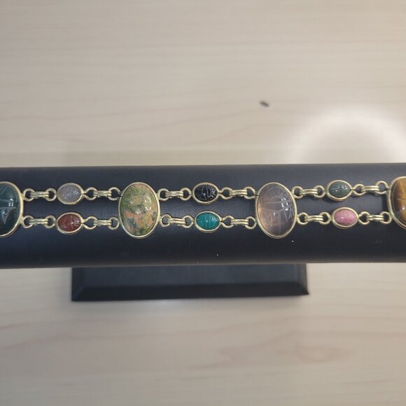 Vintage Double Row Egyptian Revival Carved Scarab Stone Gold Cabochon Bracelet